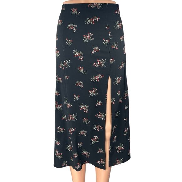 Abercrombie & Fitch Black Floral High Waist Midi High Slit A-Line Skirt Size XXS - Picture 1 of 4